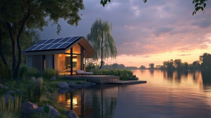 Poster - A small house on a lake with the sun shining through, AI