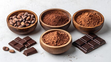 Poster - Chocolate ingredients in wooden bowls cocoa beans chocolate mass cocoa powder chocolate bars Flat lay isolated on white background : Generative AI