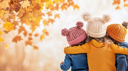 Poster - A group of kids in superhero costumes with Halloween accents huddles together, showcasing their outfits against a backdrop of fall leaves, with ample copy space for text.
