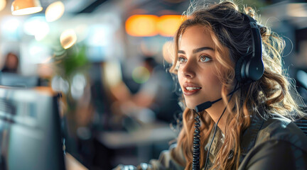 Poster - A woman wearing a headset at a telephone switchboard, speaking in front of her computer in a beautiful open space where people are working. Generative AI.