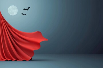 Poster - A superhero cape with a Halloween design flutters in the wind, set against a moonlit sky with bats, providing significant copy space for text or visual elements.