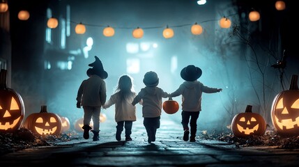 Poster - A vibrant Halloween scene featuring a group of children dressed as dinosaurs, trick-or-treating in a spooky neighborhood with jack-o'-lanterns and eerie decorations. The image offers ample copy space