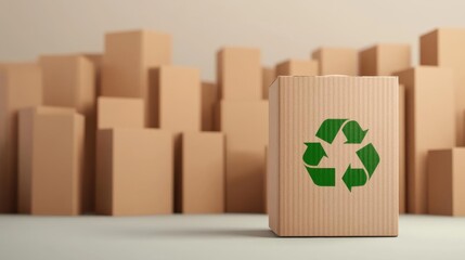 Eco-friendly packaging featuring a recycling symbol among stacked cardboard boxes, promoting sustainability and environmental awareness.