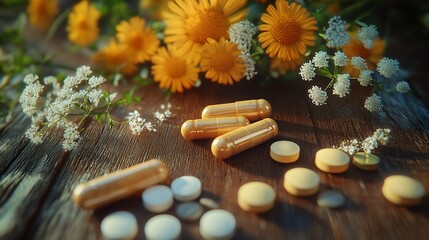 Aufkleber - Different pills herbs and flowers on wooden table closeup Dietary supplements : Generative AI
