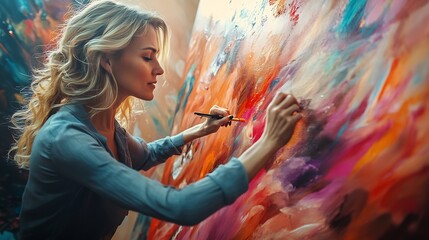 Poster - Talented Innovative Female Artist Draws with Her Hands on the Large Canvas Using Fingers She Creates Colorful Emotional Sensual Oil Painting Contemporary Painter Creating Abstract Mode : Generative AI