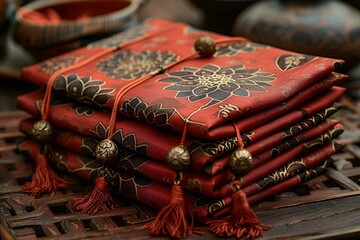 a stack of red blankets with tassels. 