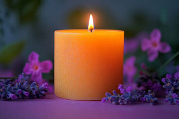 Poster - A lit candle, isolated on a pastel lavender background, representing the inner light of self-awareness and independence,