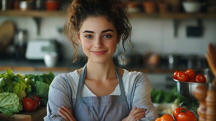 Cooking meal and woman with food for vegetables fresh and dinner in home Vegan diet and arms crossed with portrait and recipe for nutrition smile and female person in kitchen with ingr : Generative AI