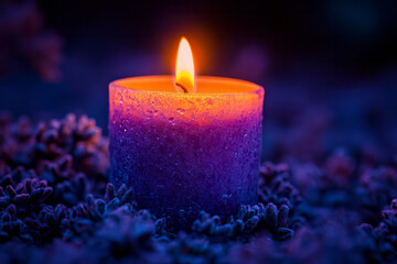 Poster - A lit candle, isolated on a pastel lavender background, representing the inner light of self-awareness and independence,