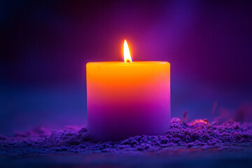 Poster - A lit candle, isolated on a pastel lavender background, representing the inner light of self-awareness and independence,