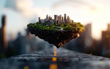 A detailed 3D render of a flying island with a modern city and road, isolated on a transparent background, highlighting urban development in a surreal setting