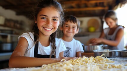 Happy young girl making pasta