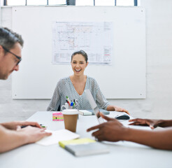 Wall Mural - Architect, happy and woman in meeting for portrait, planning and project management at blueprint. Design, excited and team in office for brainstorming, discussion and strategy for urban development