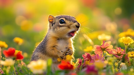 Small and lovely ground squirrel on a meadow among flowers during warm spring sunset Very surprised with its mouth opened Peaceful relaxing amazing and funny Cute but endangered animal : Generative AI