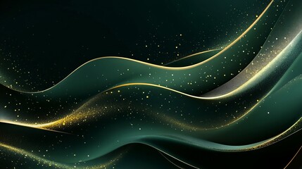 Wall Mural - Abstract luxury background with green curves and gold lines enhanced by light effects. Vector illustration.