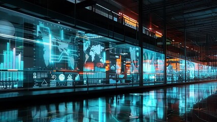 Poster - futuristic command center monitoring global data and production processes, showcasing innovation in 