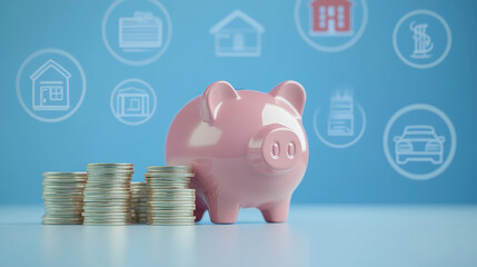 Pink piggy bank stands beside coins and traveling symbol in top, creative financial saving and deposit concept with copy space , 3d render.