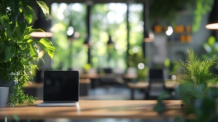 Poster - blurred interior modern office working space with green scenery : Generative AI