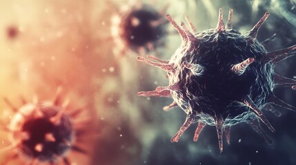 Aufkleber - Close up view of a monkeypox virus cell with intricate textured surfaces surrounded by a muted gradient background with ample copy space