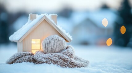 Wall Mural - A small house with a light on it in the snow, AI