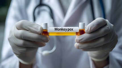 Close up of doctor s hands holding a test tube labeled  Monkeypox  against a clean blurred background with ample copy space  Concept of medical research virus investigation disease diagnosis