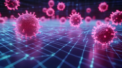 Poster - Monkeypox virus particles floating in a sleek futuristic digital grid pattern with copy space creating a clinical and scientific style for medical healthcare or pandemic related concepts