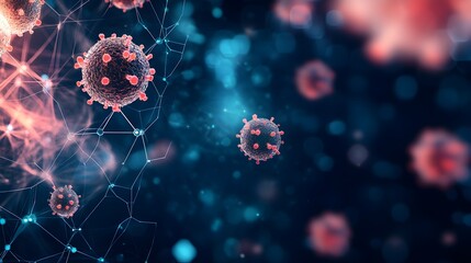 Aufkleber - Monkeypox virus particles floating in a futuristic digital grid pattern with ample copy space in the upper half of the frame  The clinical
