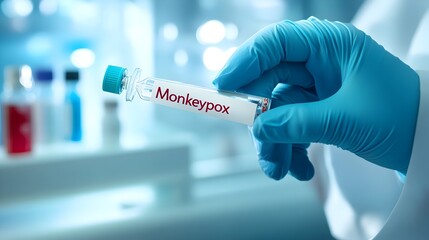 Poster - Doctor s hands carefully holding a test tube with a  Monkeypox  label against a clean soft focus background  The image represents medical research diagnosis