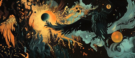 Wall Mural - Abstract Art of a Raven Flying Through a Cosmic Landscape