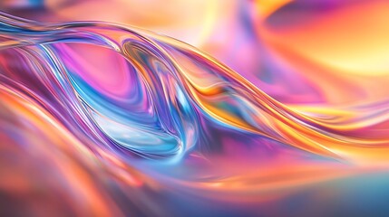 Poster - A complex interplay of rainbow colors creates a liquidlike abstraction on a 3d glass surface with warped and stretched light : Generative AI