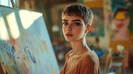 Poster - A very pretty woman with a short haircut is working hard trying to think of something to paint and add on the canvas in front of her : Generative AI