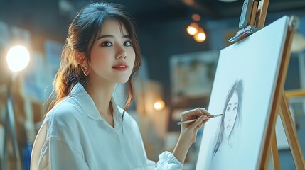 Poster - Happy asian woman artist drawing picture on canvas in studio : Generative AI