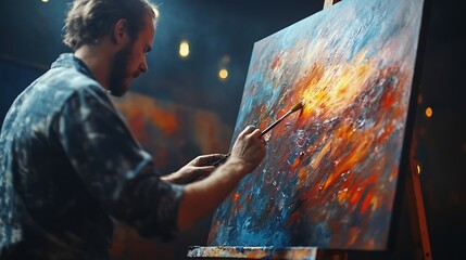 Poster - Portrait of Artist Working on Abstract Painting Uses Paint Brush To Create Daringly Emotional Modern Picture Dark Creative Studio Large Canvas Stands on Easel Illuminated Side View Clo : Generative AI