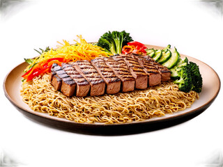 Wall Mural - Teppanyaki with grilled meat vegetables and noodles