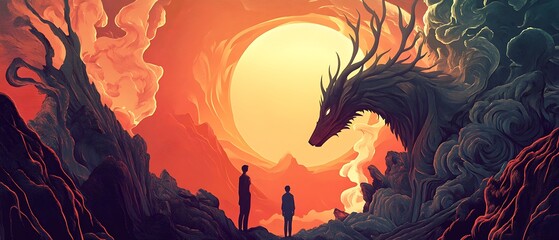 Wall Mural - Two Figures Contemplate a Dragon-Like Creature Against a Dramatic Sunset