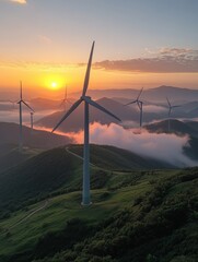 scenic view of wind turbines at sunrise, surrounded by misty hills, showcasing renewable energy and 
