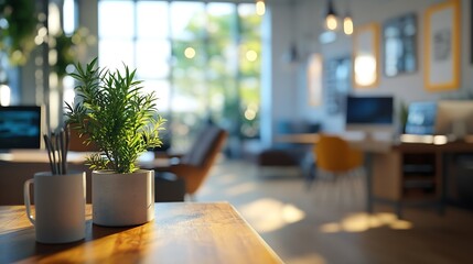 Aufkleber - A Modern blur open space employees Workings table full furniture Still life shot of a modern wide office space : Generative AI