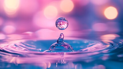 Poster - Beautiful clean transparent bright drop of water on smooth surface in blue and pink colors macro Creative image of beauty of environment and nature : Generative AI