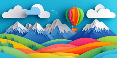 Whimsical Paper-Cut Sky Adventure: Colorful Hot Air Balloons, Clouds, and Rainbow Landscape. Perfect for Children's Art Projects, Holiday Decorations, and Playful Marketing Campaigns. Ideal for UI Des