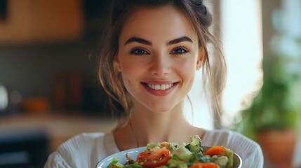 Wall Mural - Closeup of smiling woman eating healthy salad while sitting on the kitchen at home : Generative AI