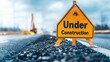 © Design Wizard - A clear 'Under Construction' sign on a road, indicating ongoing work ahead, with blurred construction equipment in the background.
