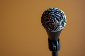 Aufkleber - A microphone on a stand, isolated on a pastel beige background, capturing the essence of live vocal performance,