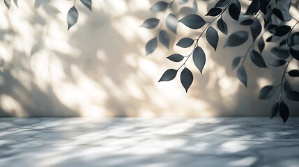 Wall Mural - Minimalistic light background with blurred foliage shadow on a light wall Beautiful background for presentation with with marble floor : Generative AI