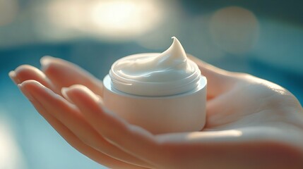 Poster - Take the skin care product face cream in hand open the cover and apply the white cream with fingers : Generative AI