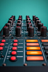 A mixing console, isolated on a pastel mint background, representing the art of balancing sound in music production,