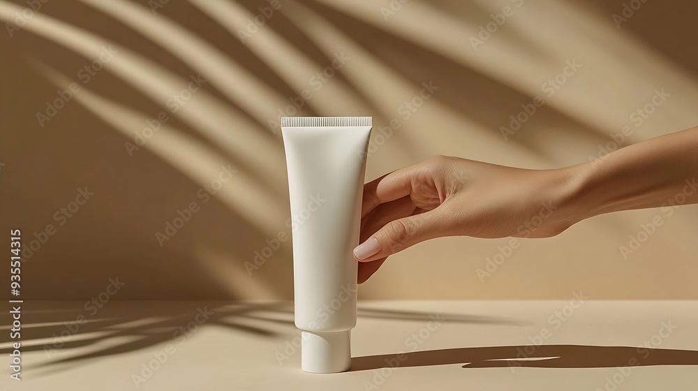 Womans hand touches a mockup of white tube of cream Unlabeled packaging ...