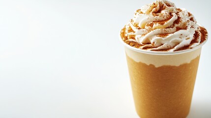 Poster - cardboard paper take away cup of pumpkin drink decorated with whipped cream and cinnamon isolated on white background : Generative AI
