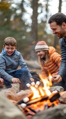 Canvas Print - A man and two children roasting marshmallows over a campfire, AI