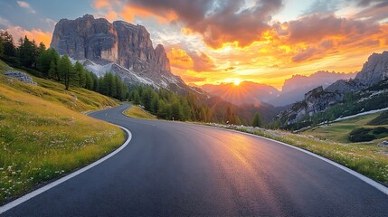 Aufkleber - Mountain road at colorful sunset in summer Dolomites Italy Beautiful curved roadway rocks stones blue sky with clouds Landscape with empty highway through the mountain pass in spring T : Generative AI