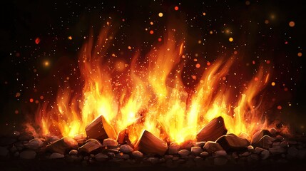 Wall Mural - Campfire With Crackling Flames and Sparks Against a Dark Background